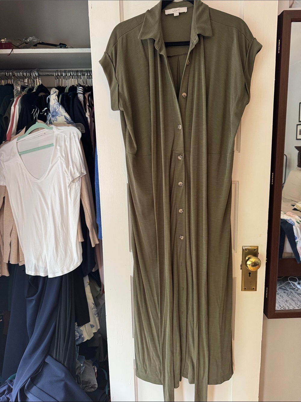 LOFT Olive Green Button-Front Maxi Shirt Dress with Short Sleeves